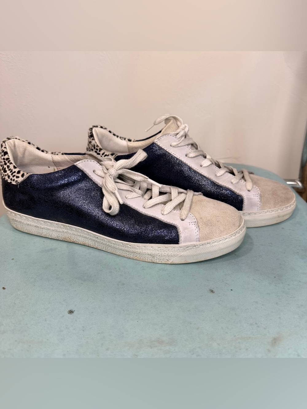 Air & Grace Women's Navy and Cream Low-Top Sneakers with Leopard Accent. Leather